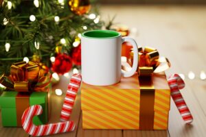 mug with christmas tree decorations 3d illustration